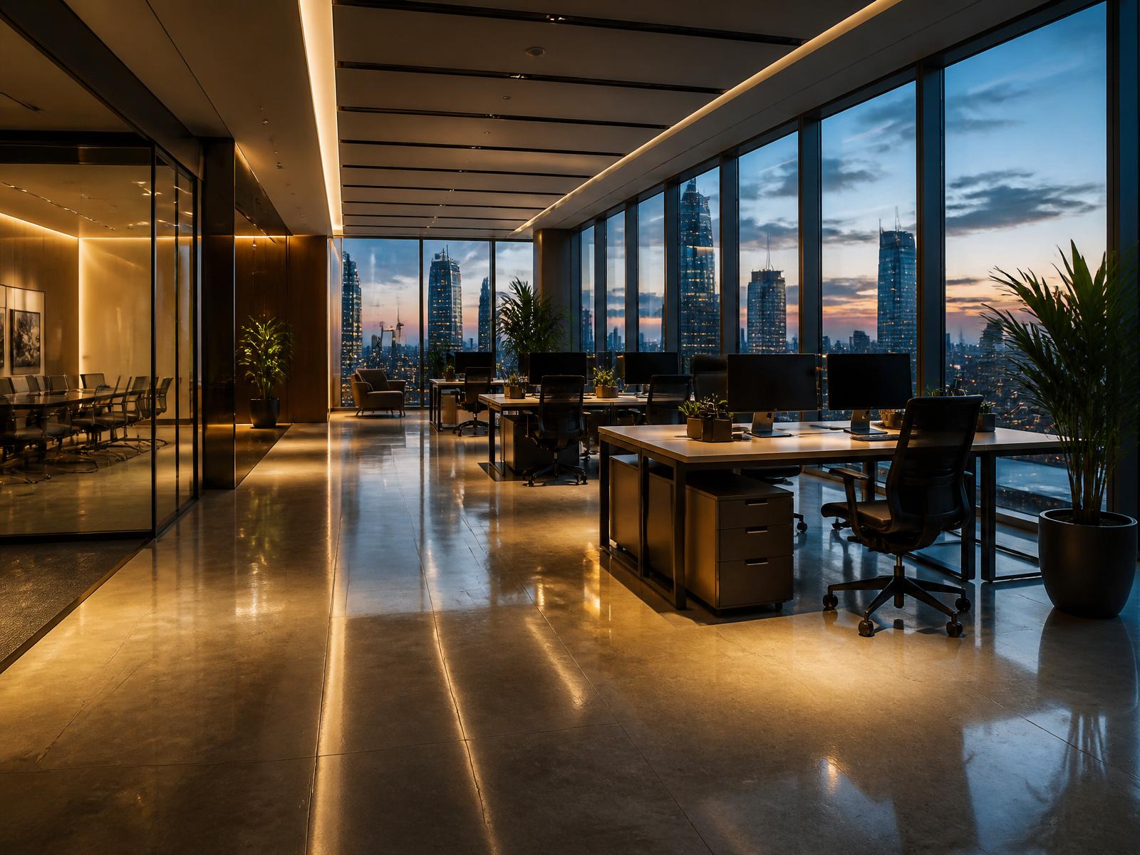 Modern corporate office at dusk kept spotless by Shine Up Cleaning in Surrey, BC